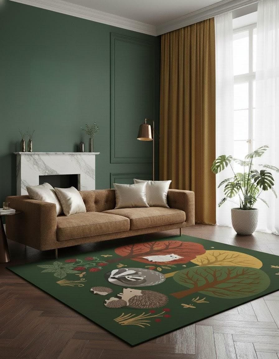 Woodland Animals Forest Nursery Rug, Hedgehog Fox Leaf Decor Carpet - image 5