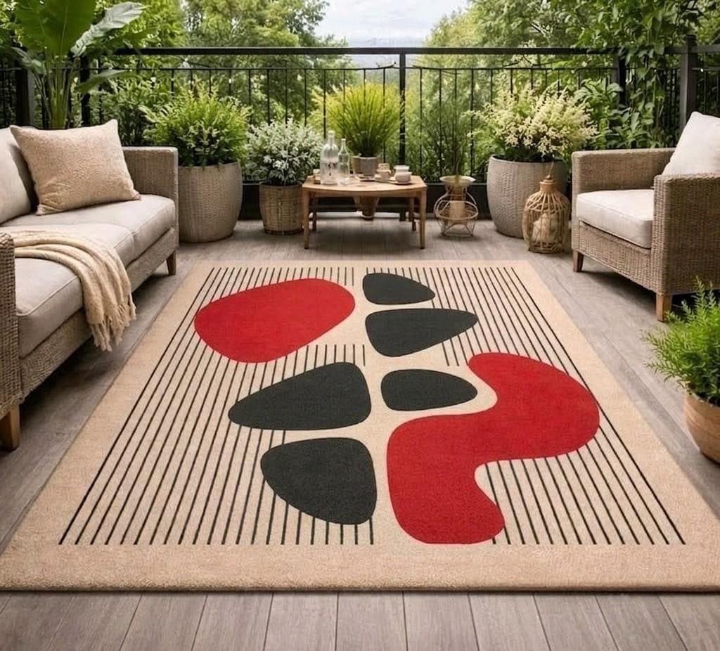 Modern Abstract Area Rug, Red Black Geometric Carpet, Contemporary Living Room Floor Carpet