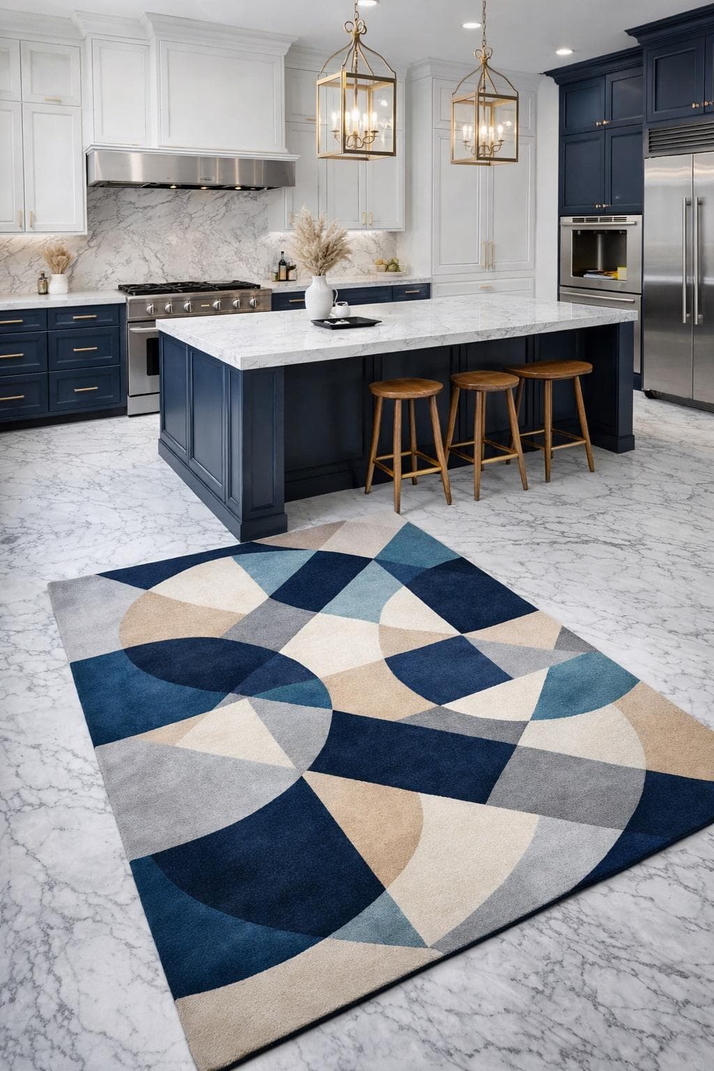Modern Geometric Area Rug, Blue Beige Abstract Scandinavian Carpet, Minimalist Living Room Decor - image 4