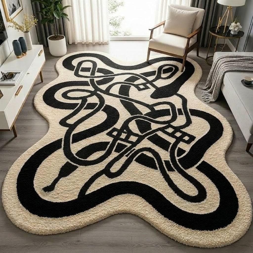 Irregular Abstract Area Rug, Black Cream Nordic Luxury Carpet, Designer Artistic Floor Rug