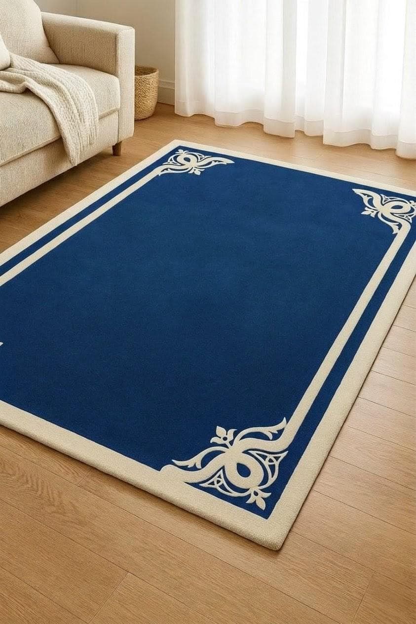 Navy Blue Modern Minimalist Rug, Decorative Border Bedroom Carpet, Luxury Home Decor