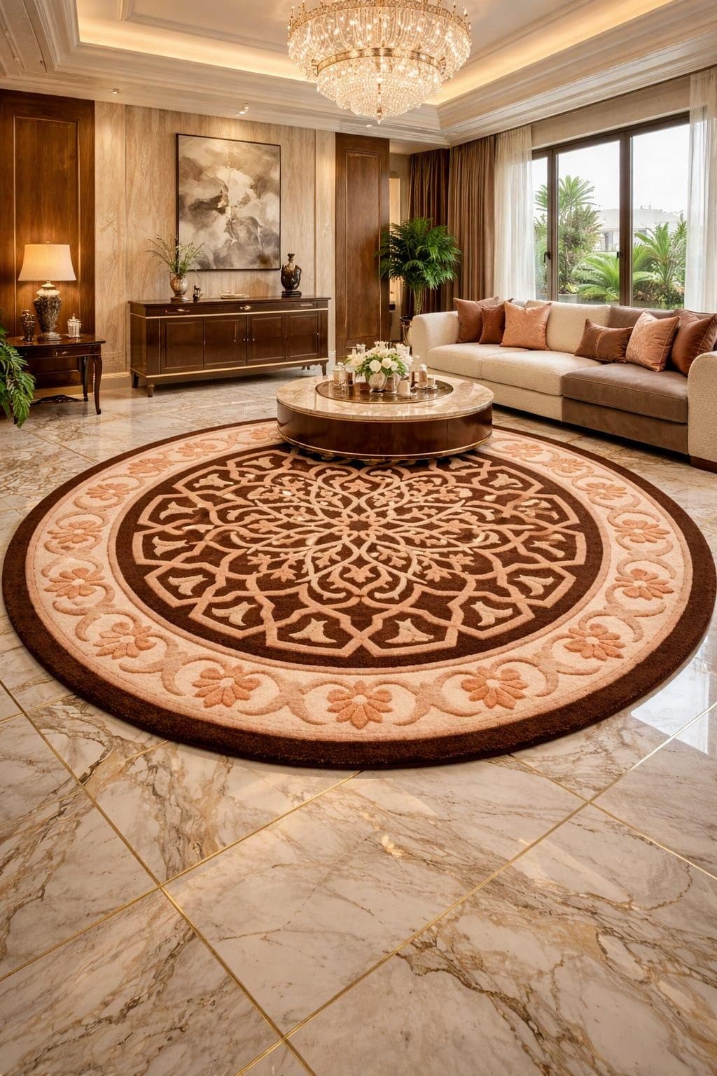 Round Floral Medallion Rug, Beige Brown Plush Carpet, Modern Living Room Décor - image 5
