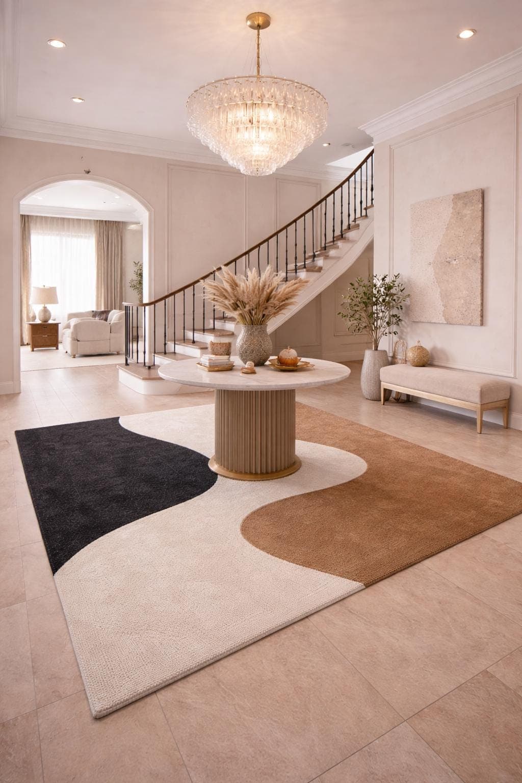 Modern Abstract Area Rug, Neutral Beige Black Brown Geometric Carpet, Luxury Living Room Rug