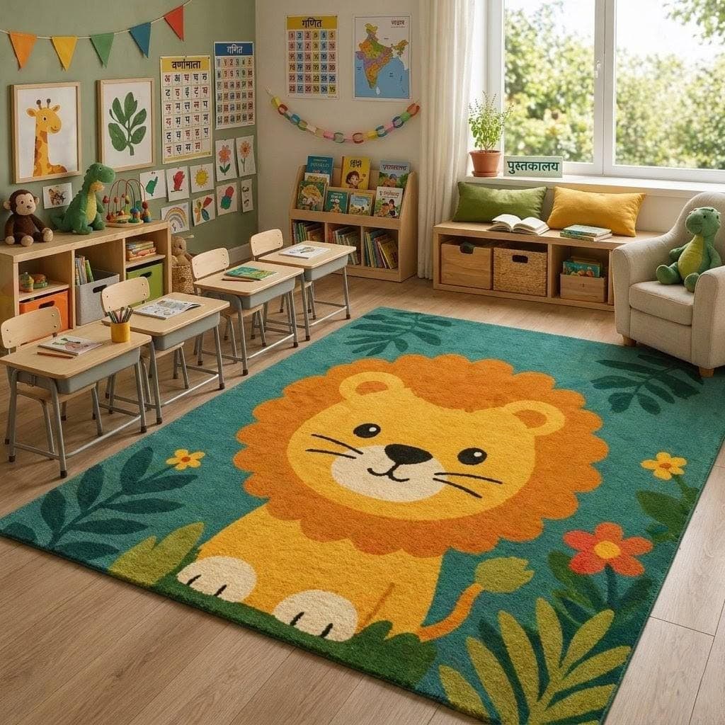 Lion Nursery Rug – Jungle Play Mat, Tropical Leaves, Boho Decor - image 5