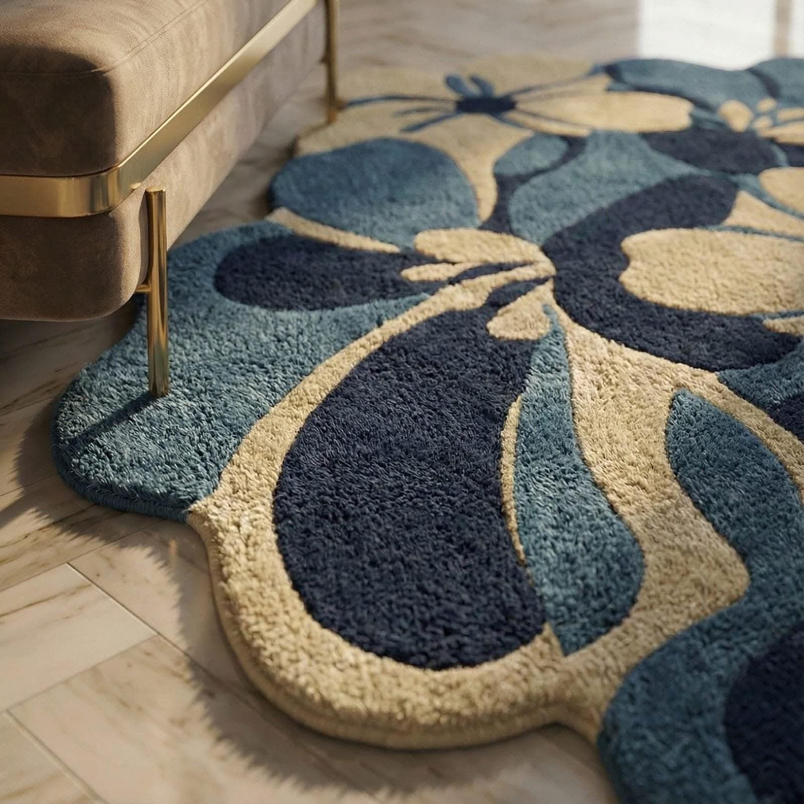 Handmade Floral Wool Rug, Irregular Abstract Blue Beige Carpet, Modern Entryway Hallway - image 5