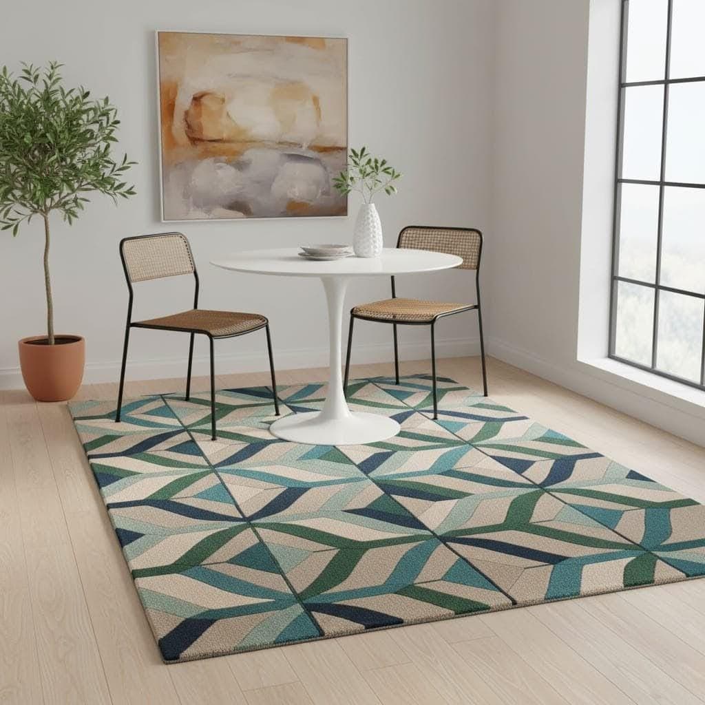 Modern Geometric Area Rug, Blue Green Abstract Scandinavian Carpet - image 5