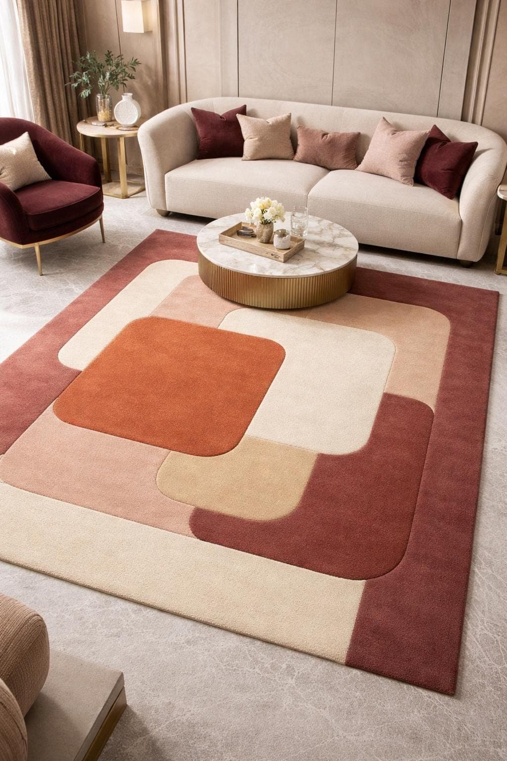 Modern Geometric Abstract Area Rug, Beige Terracotta Living Room Carpet