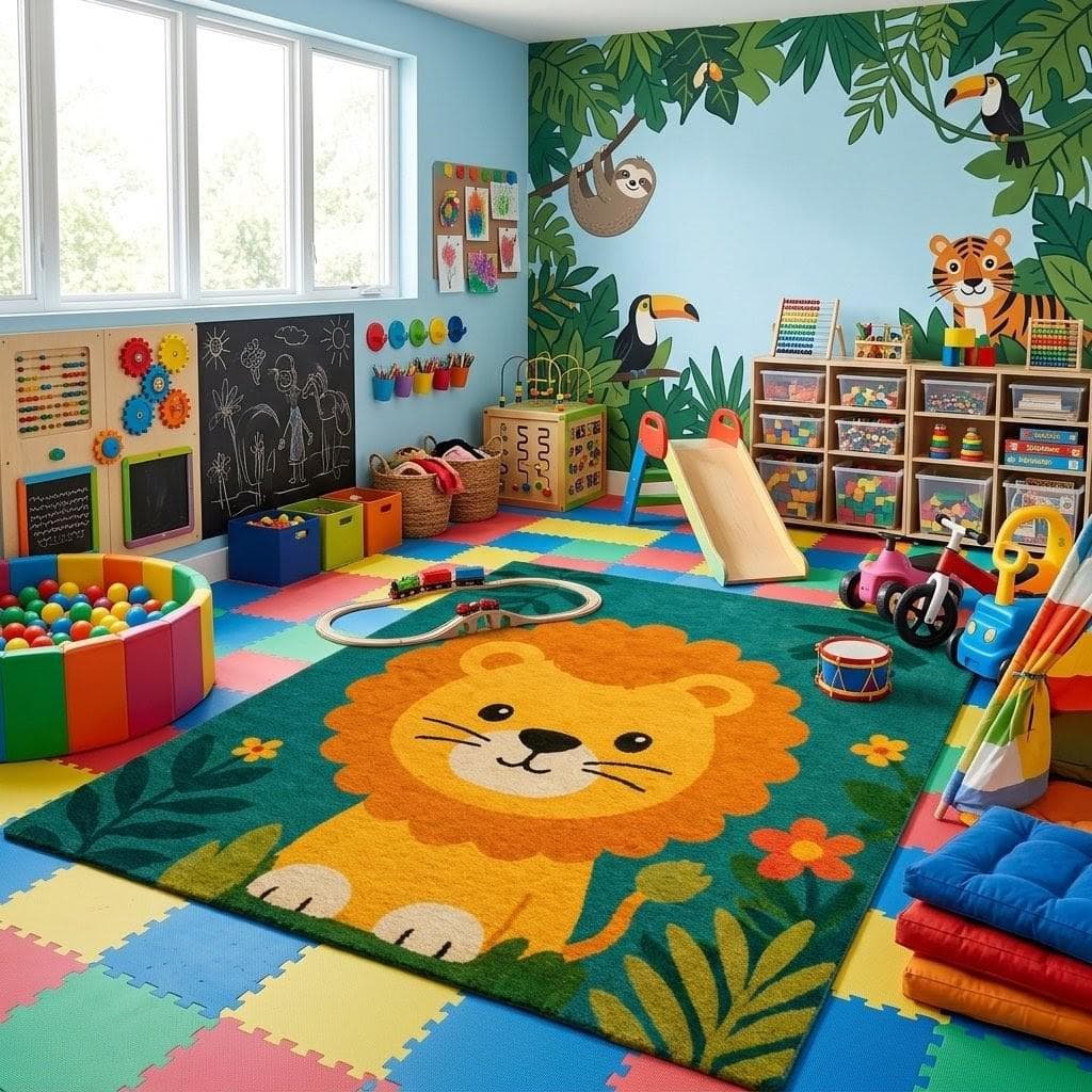 Lion Nursery Rug – Jungle Play Mat, Tropical Leaves, Boho Decor