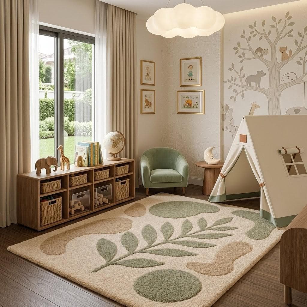 Neutral Boho Leaf Pattern Kids Playroom Rug, Nursery Area Carpet