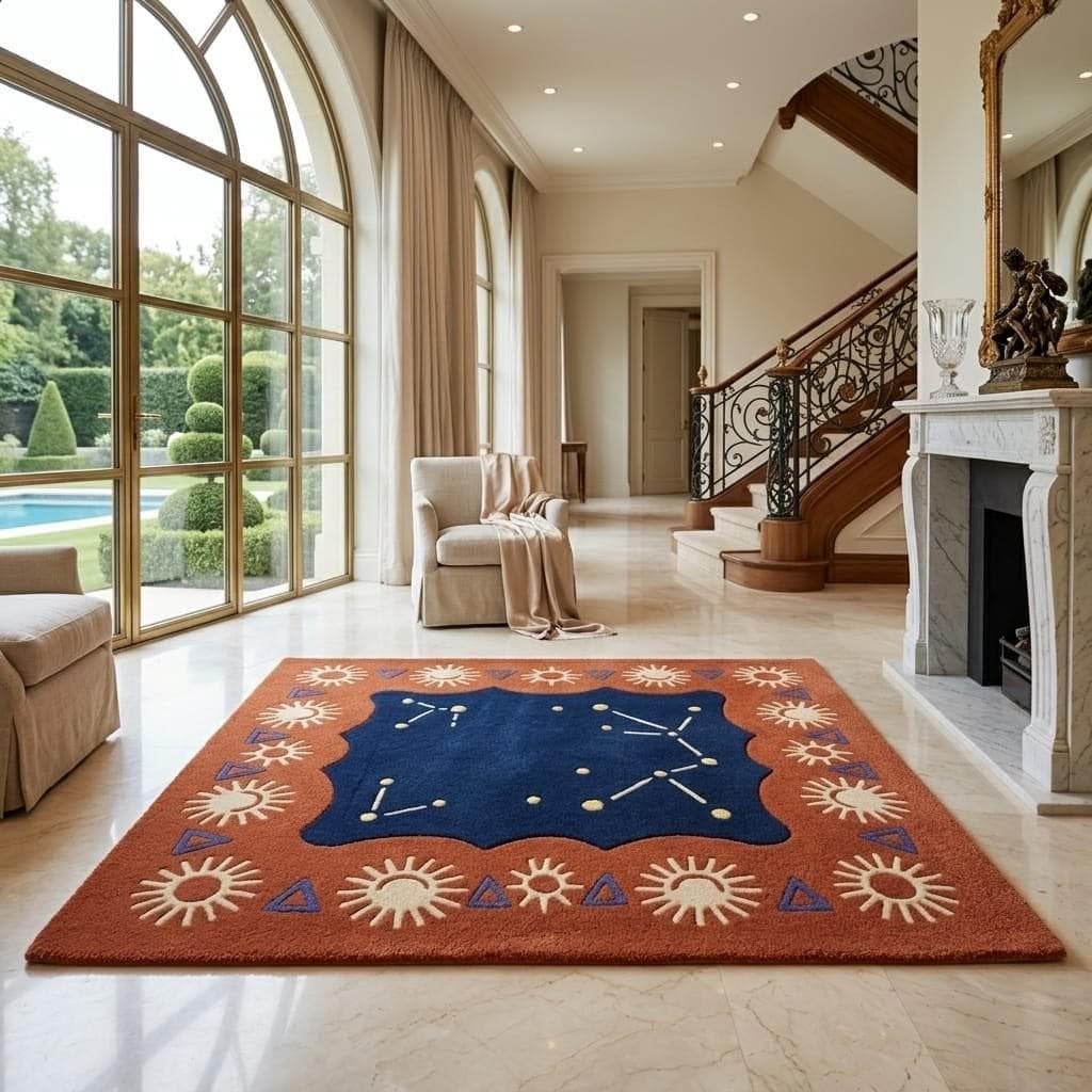 Handmade Wool Celestial Constellation Rug, Boho Sun Pattern Carpet, Navy Terracotta Floor Decor - image 3
