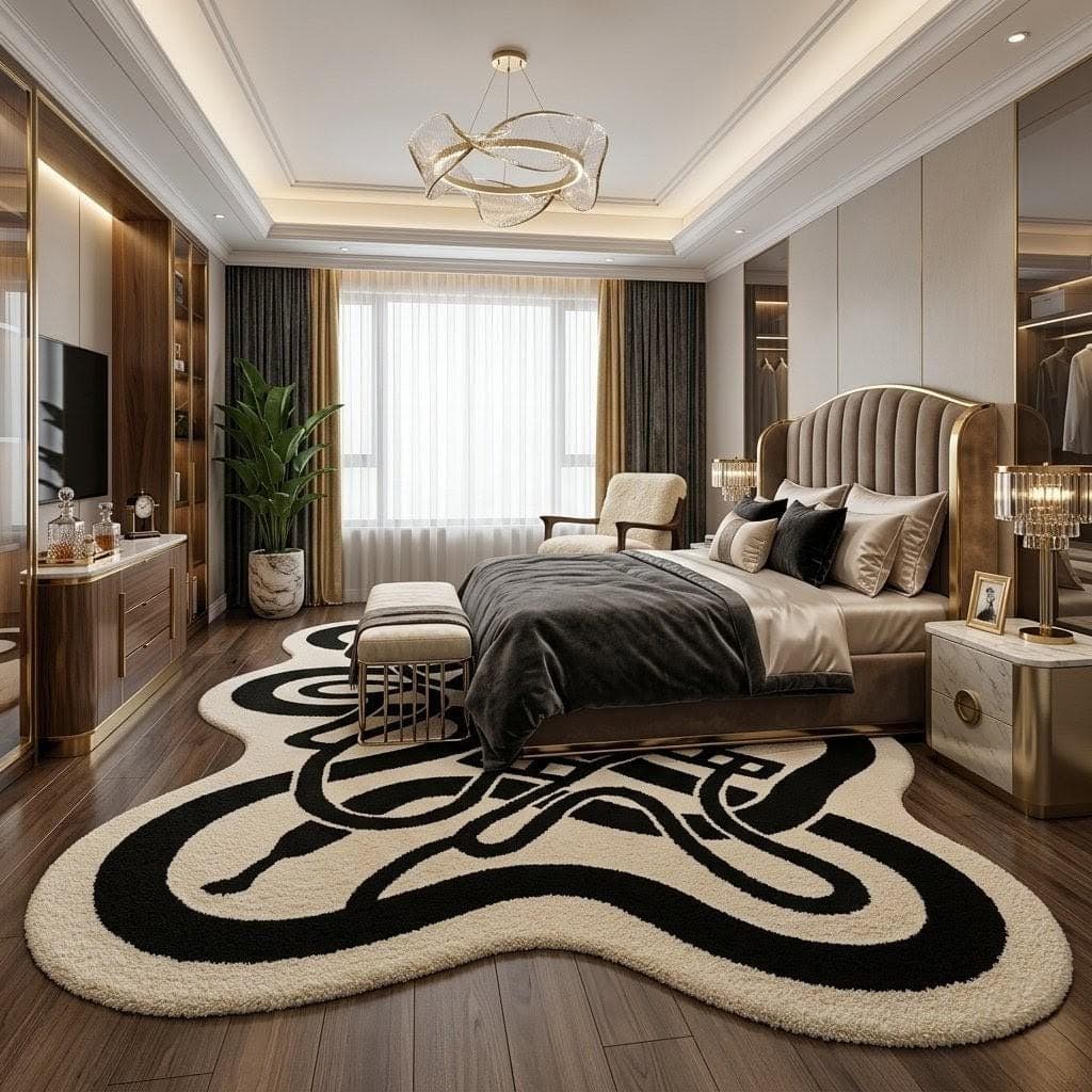 Irregular Abstract Area Rug, Black Cream Nordic Luxury Carpet, Designer Artistic Floor Rug - image 3