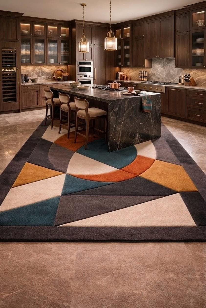 Geometric Area Rug, Teal Rust Mustard Abstract Carpet, Boho Living Room Floor Rug
