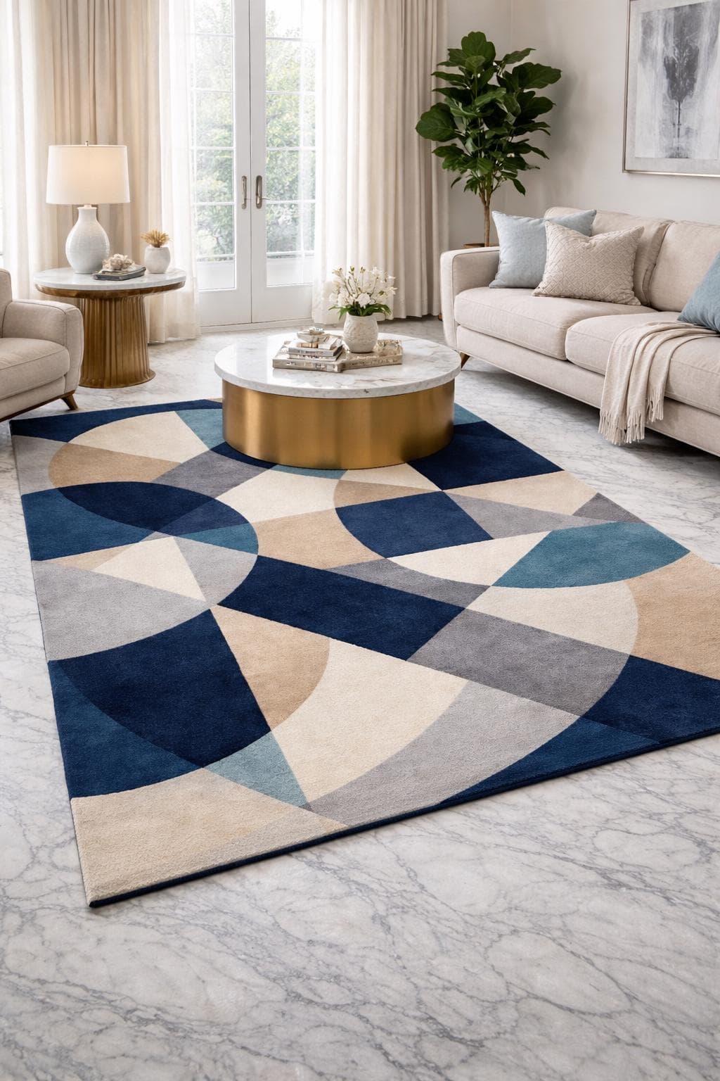 Modern Geometric Area Rug, Blue Beige Abstract Scandinavian Carpet, Minimalist Living Room Decor