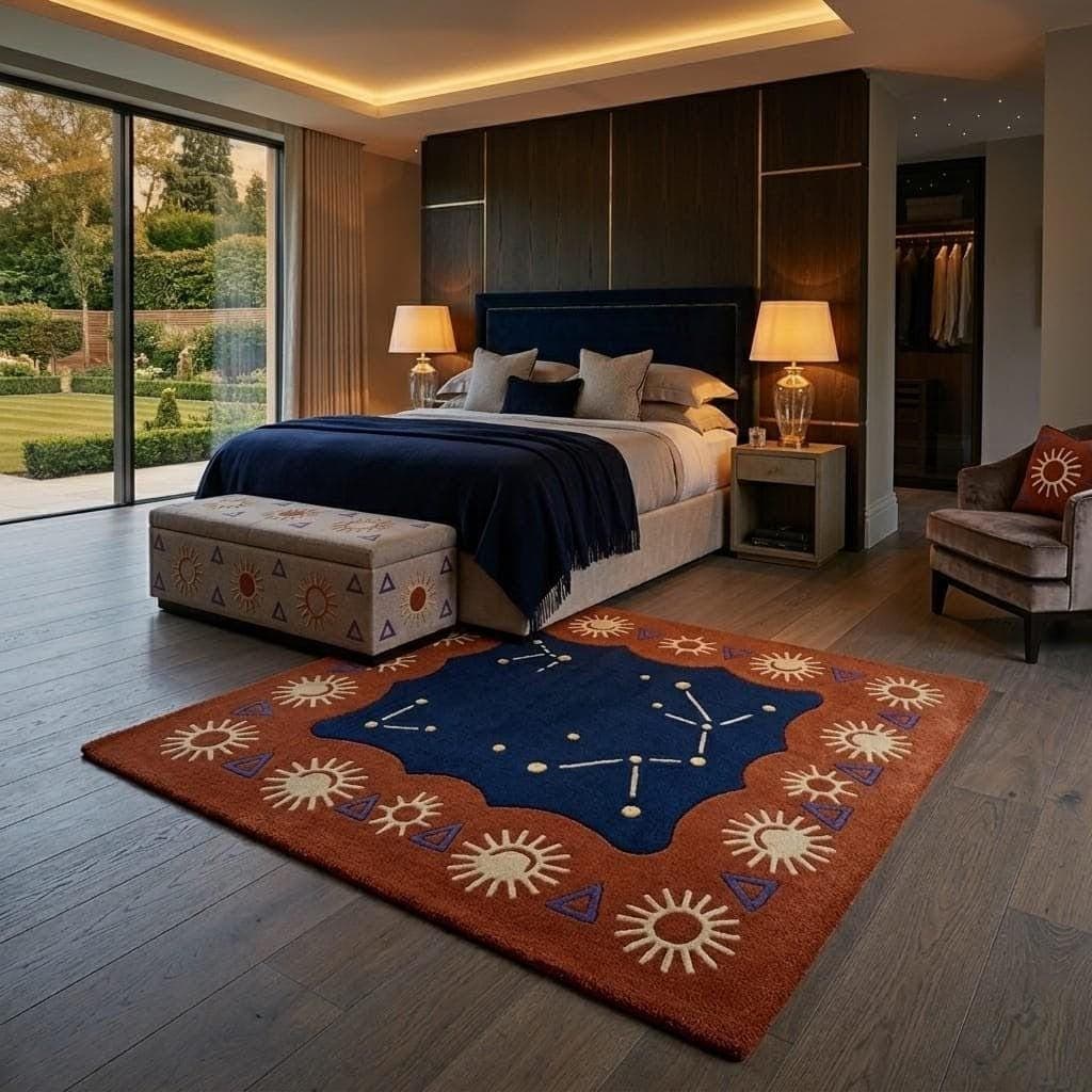 Handmade Wool Celestial Constellation Rug, Boho Sun Pattern Carpet, Navy Terracotta Floor Decor - image 5