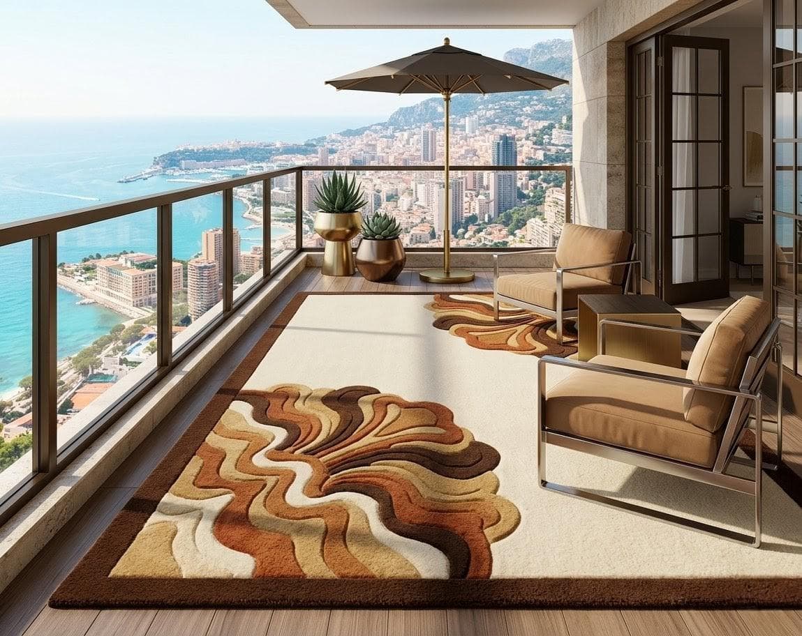Luxury Abstract Wavy Area Rug, Modern Designer Beige Brown Floor Carpet - image 5
