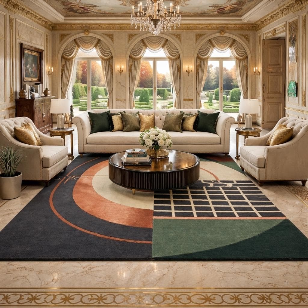 Modern Geometric Area Rug, Abstract Art Carpet, Green Terracotta Beige, Living Room Decor