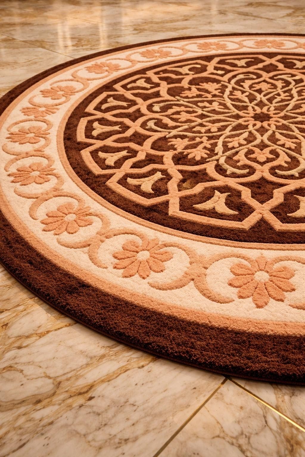 Round Floral Medallion Rug, Beige Brown Plush Carpet, Modern Living Room Décor - image 4