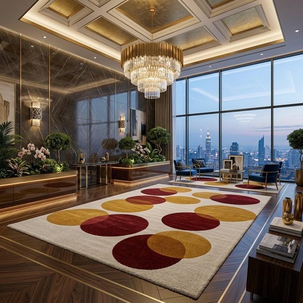 Modern Abstract Circle Area Rug, Geometric Living Room Carpet, Red Gold Designer Floor Rug