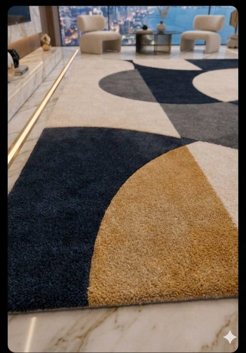 Modern Geometric Area Rug, Abstract Blue Gold Cream Carpet, Contemporary Living Room Decor - image 4
