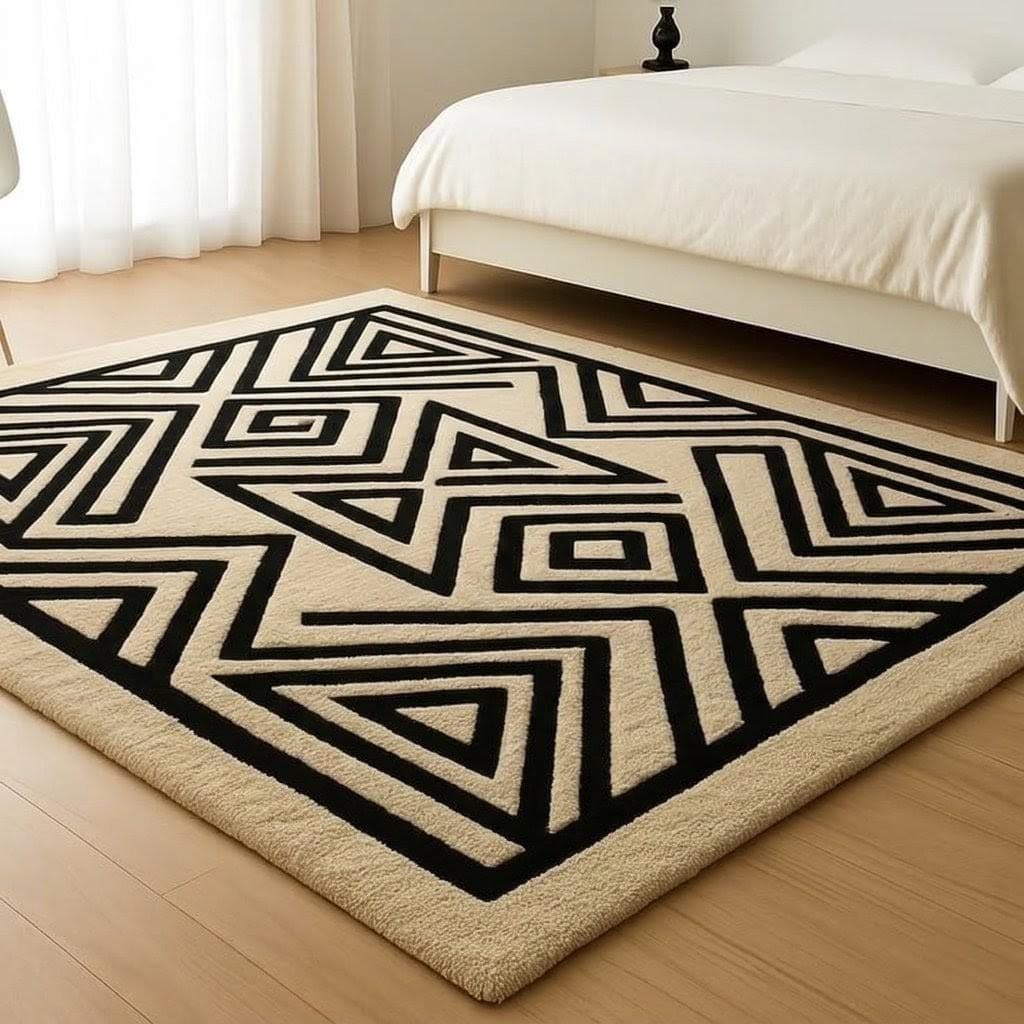 Modern Geometric Area Rug, Black Cream Abstract Nordic Carpet, Luxury Bedroom Decor
