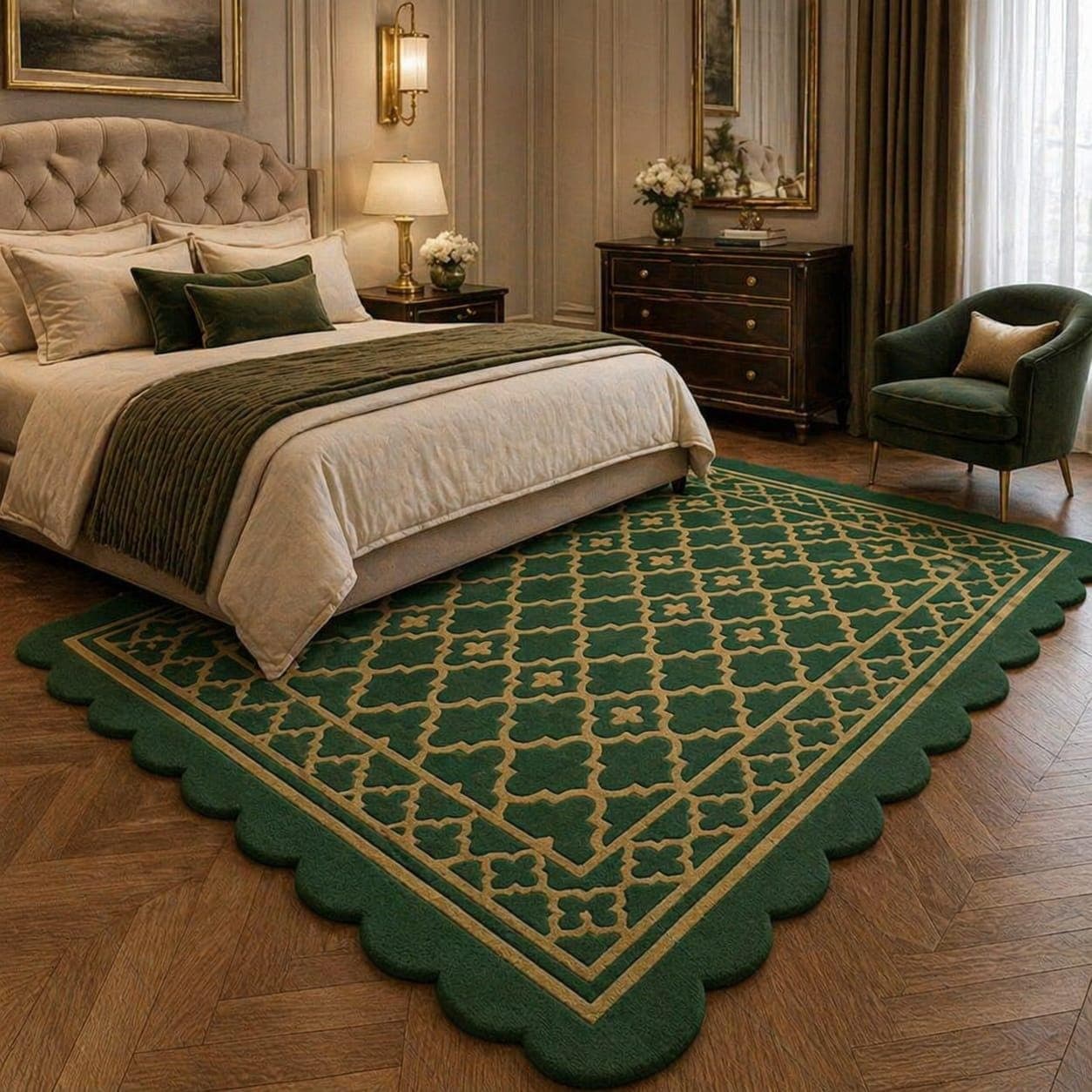 Green Geometric Moroccan Rug, Scalloped Edge Area Carpet, Luxury Bedroom Decor