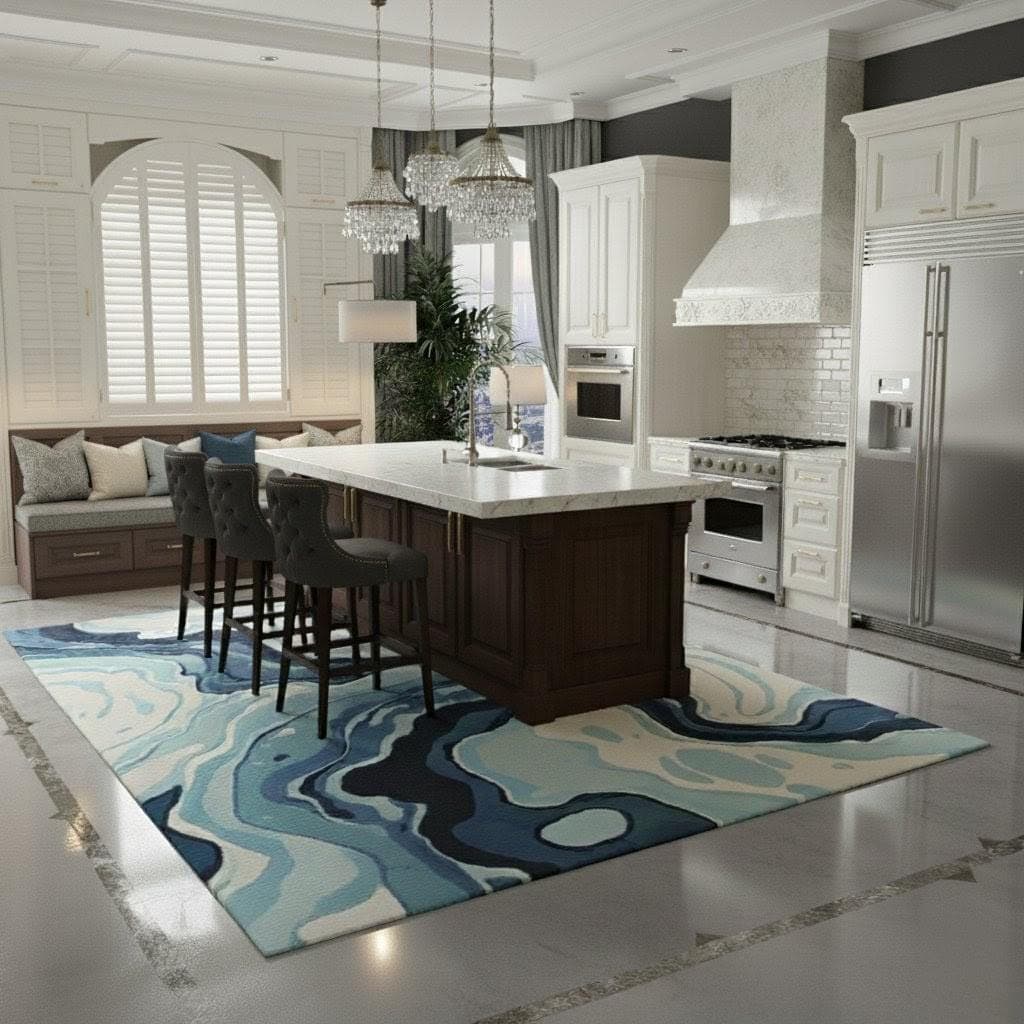 Modern Abstract Blue White Marble Area Rug, Contemporary Living Room Carpet - image 5