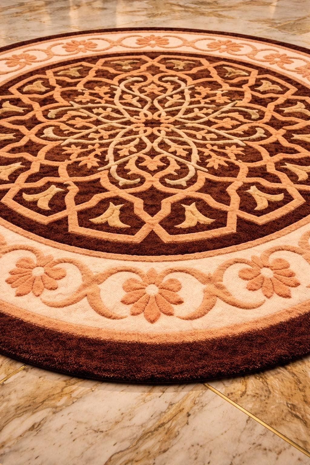 Round Floral Medallion Rug, Beige Brown Plush Carpet, Modern Living Room Décor - image 3