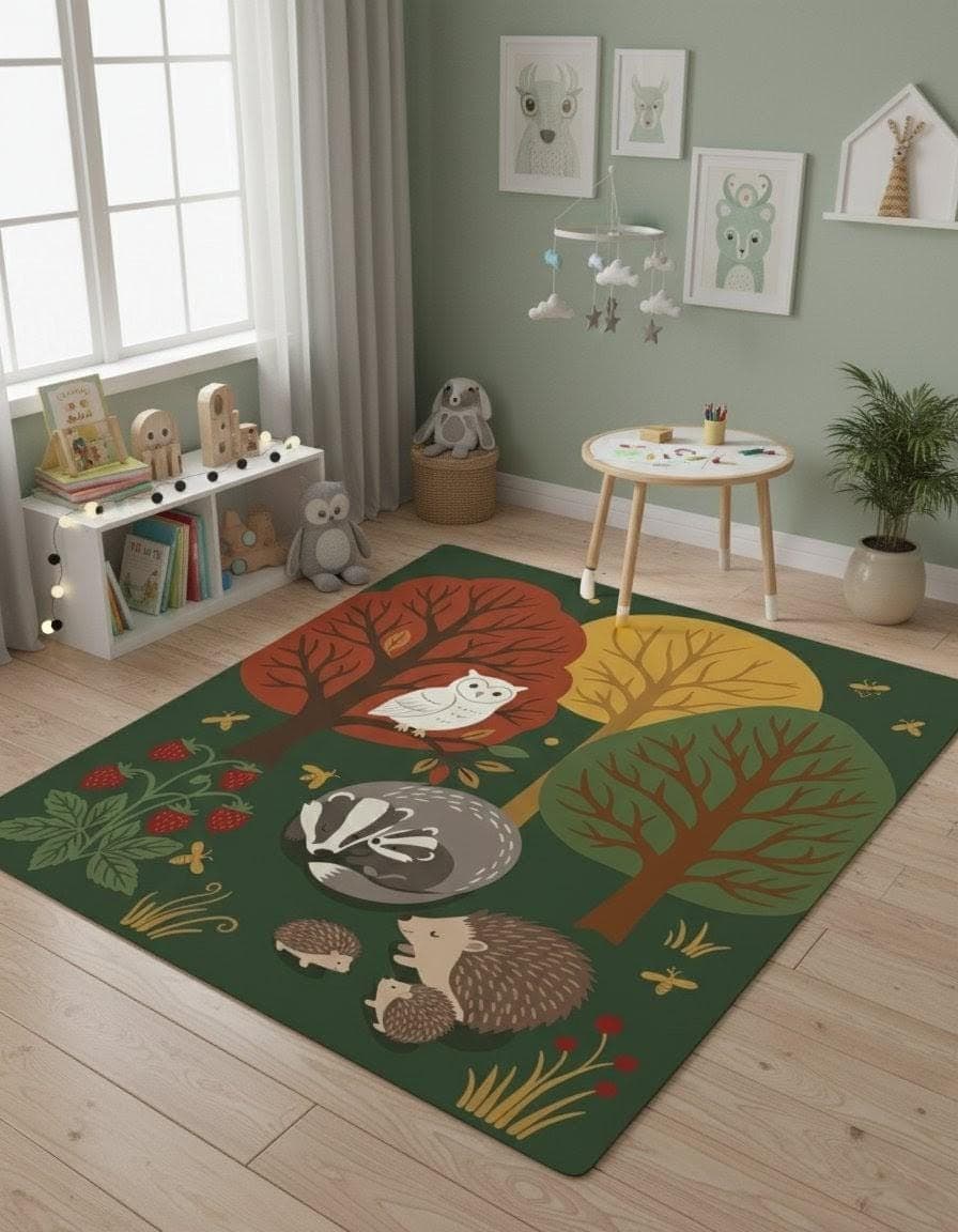 Woodland Animals Forest Nursery Rug, Hedgehog Fox Leaf Decor Carpet