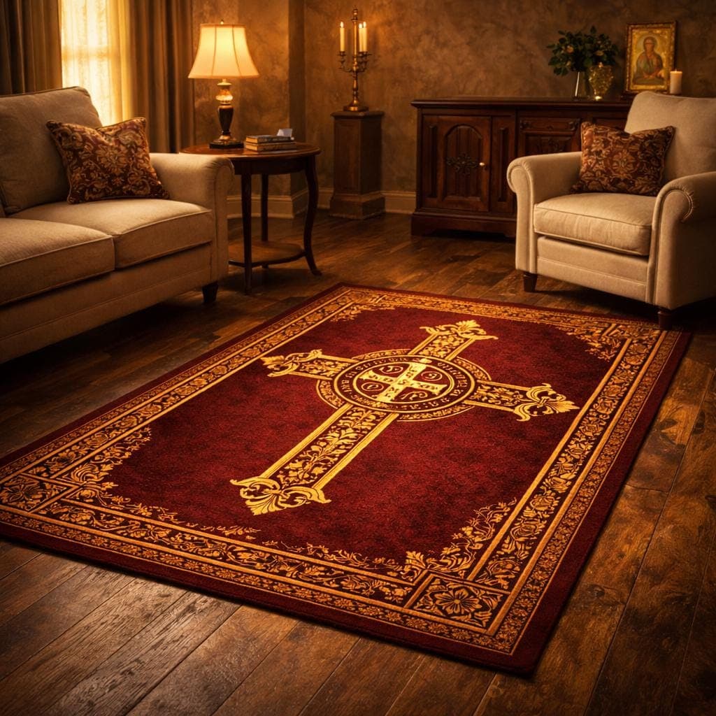 St Benedict Cross Rug, Catholic Prayer Rug, Saint Benedict Prayer Mat, Christian Prayer Rug, Religious Prayer Carpet, Catholic Decor Rug - image 5