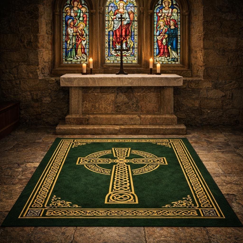 Christian Prayer Mat Rug, Celtic Cross Prayer Rug, Christian Prayer Carpet, Catholic Prayer Mat, Green Gold Church Rug, Christian Gift - image 4