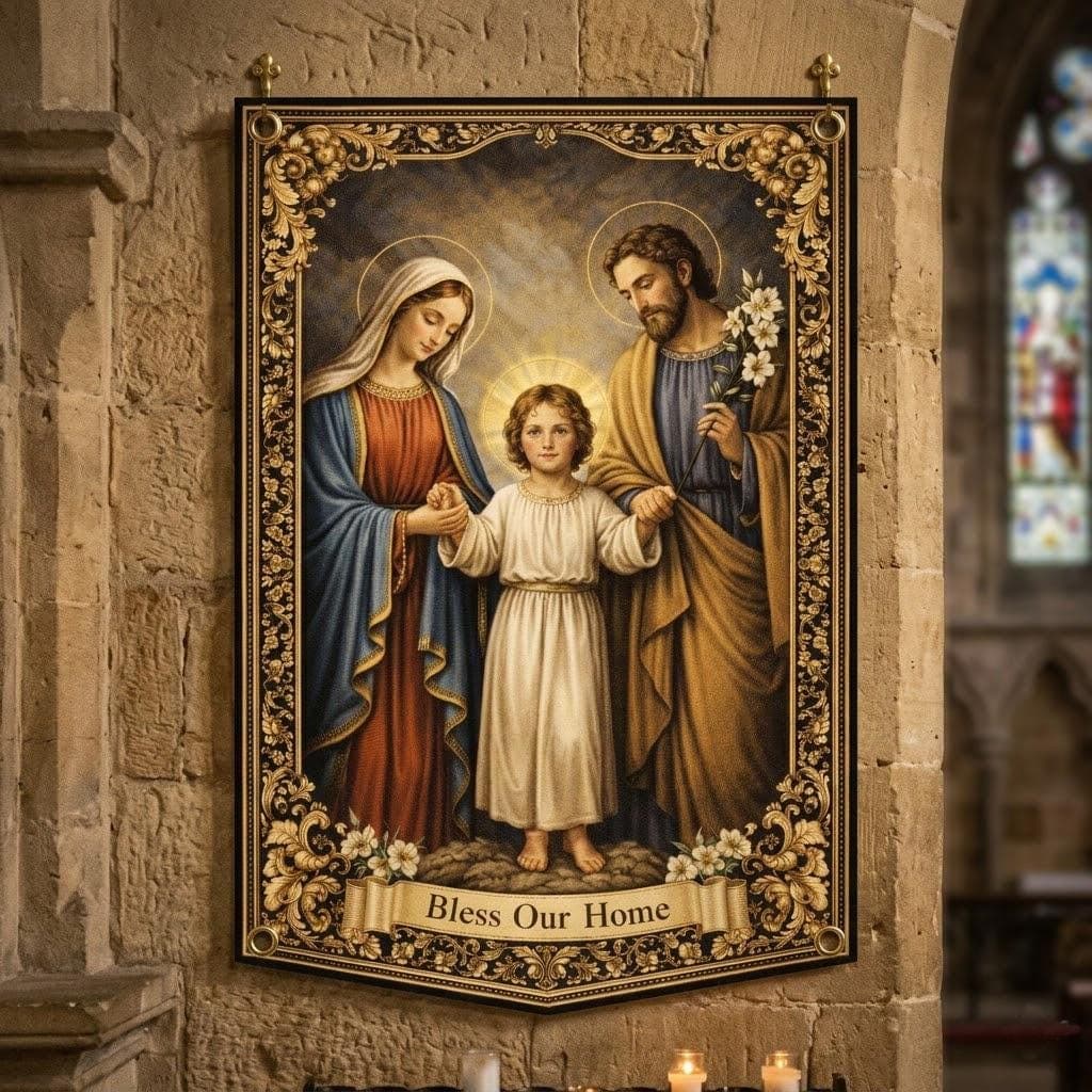 Holy Family Tapestry, Bless Our Home Christian Wall Art, Catholic Housewarming Gift, Traditional Religious Decor, Vintage Wall Hanging