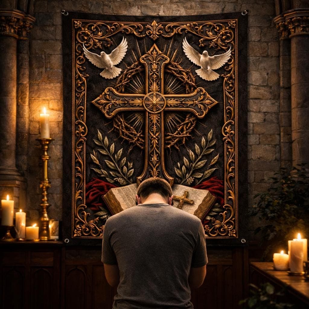 Christian Cross Wall Hanging, Gothic Dark Academia Tapestry, Ornate Gold Religious Decor, Catholic Prayer Room Art, Faithful Gift - image 3