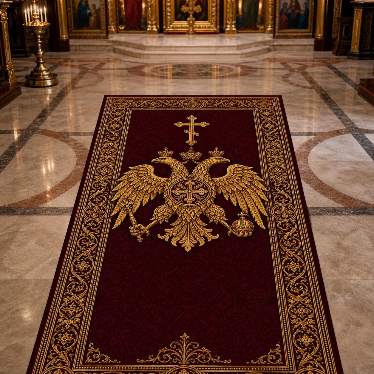Orthodox Christian Prayer Rug, Double Headed Eagle Kneeling Mat, Byzantine Cross Altar Carpet, Prayer Room Decor, Religious Gift for Him