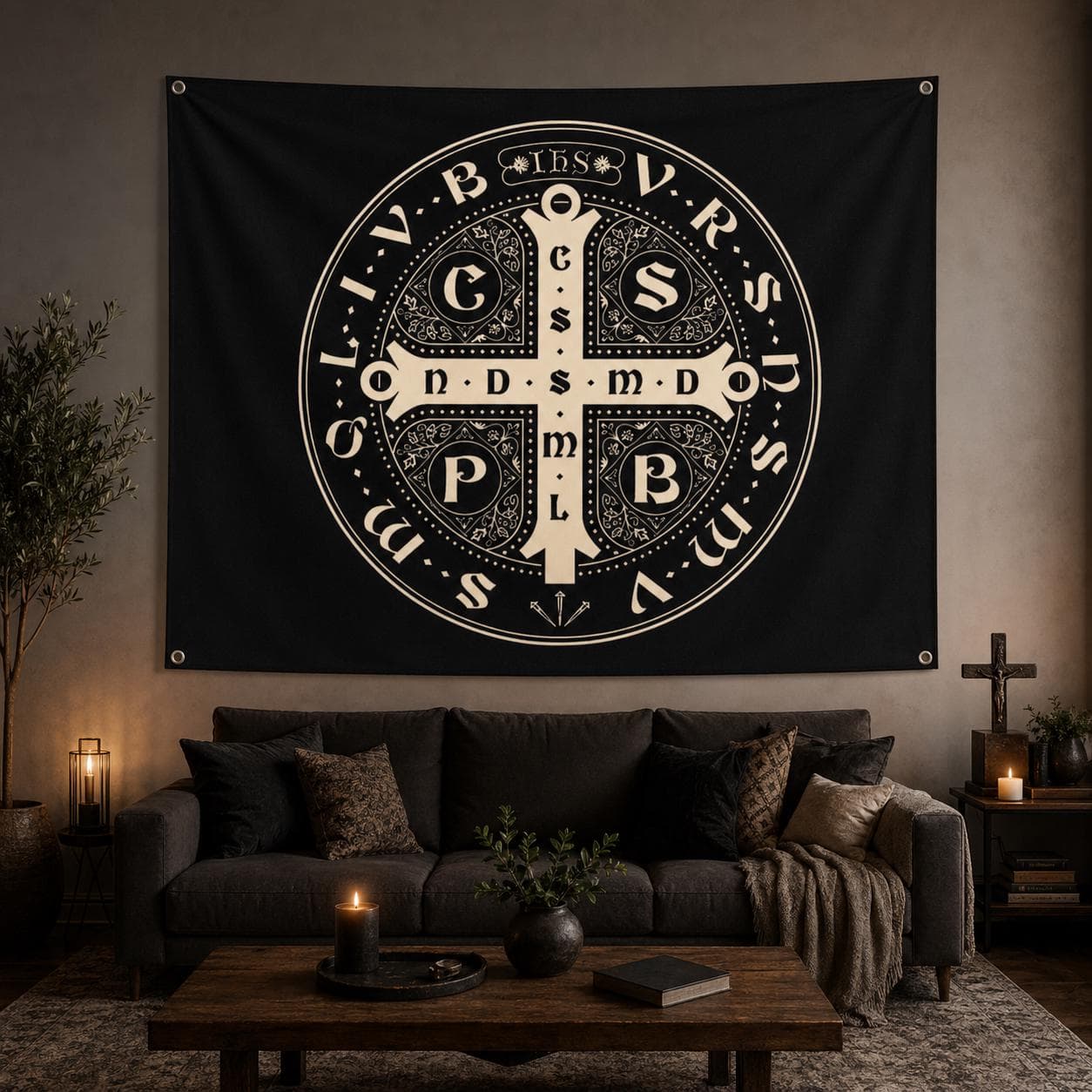 Saint Benedict Medal Tapestry, Catholic Home Decor, Protection Cross Wall Art, Gothic Dark Academia Room Decor, Christian Religious Gift - image 5