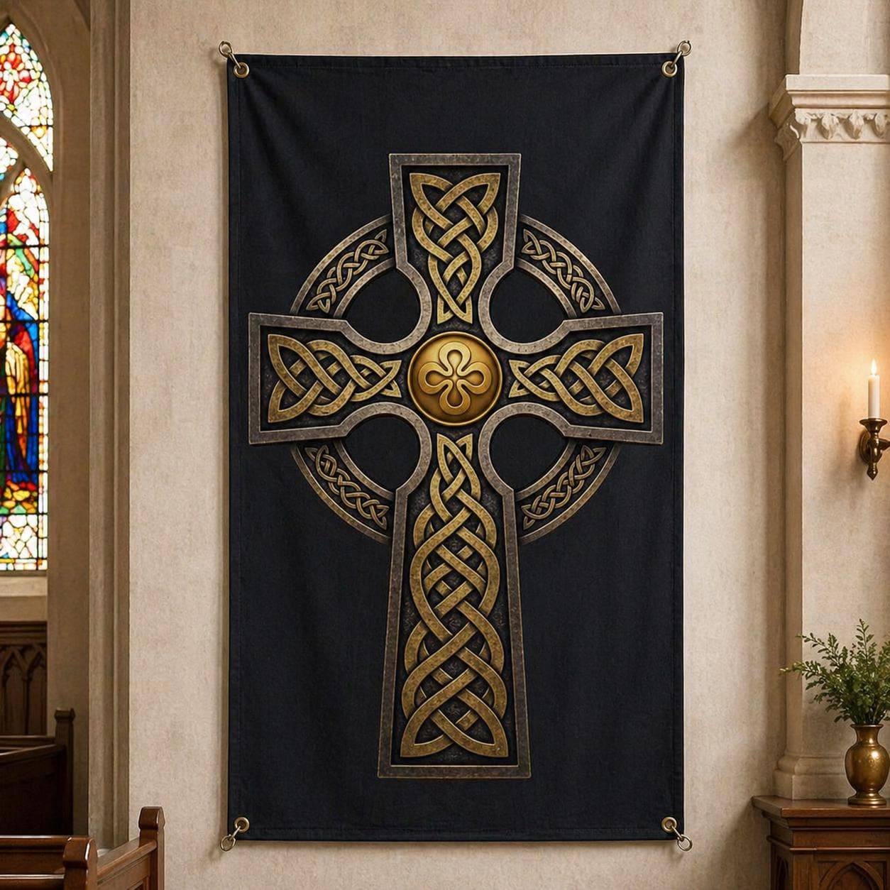 Celtic Cross Wall Hanging Rug, Christian Home Decor Tapestry, Irish Heritage Gift, Gothic Medieval Wall Art, Catholic Prayer Room Decor
