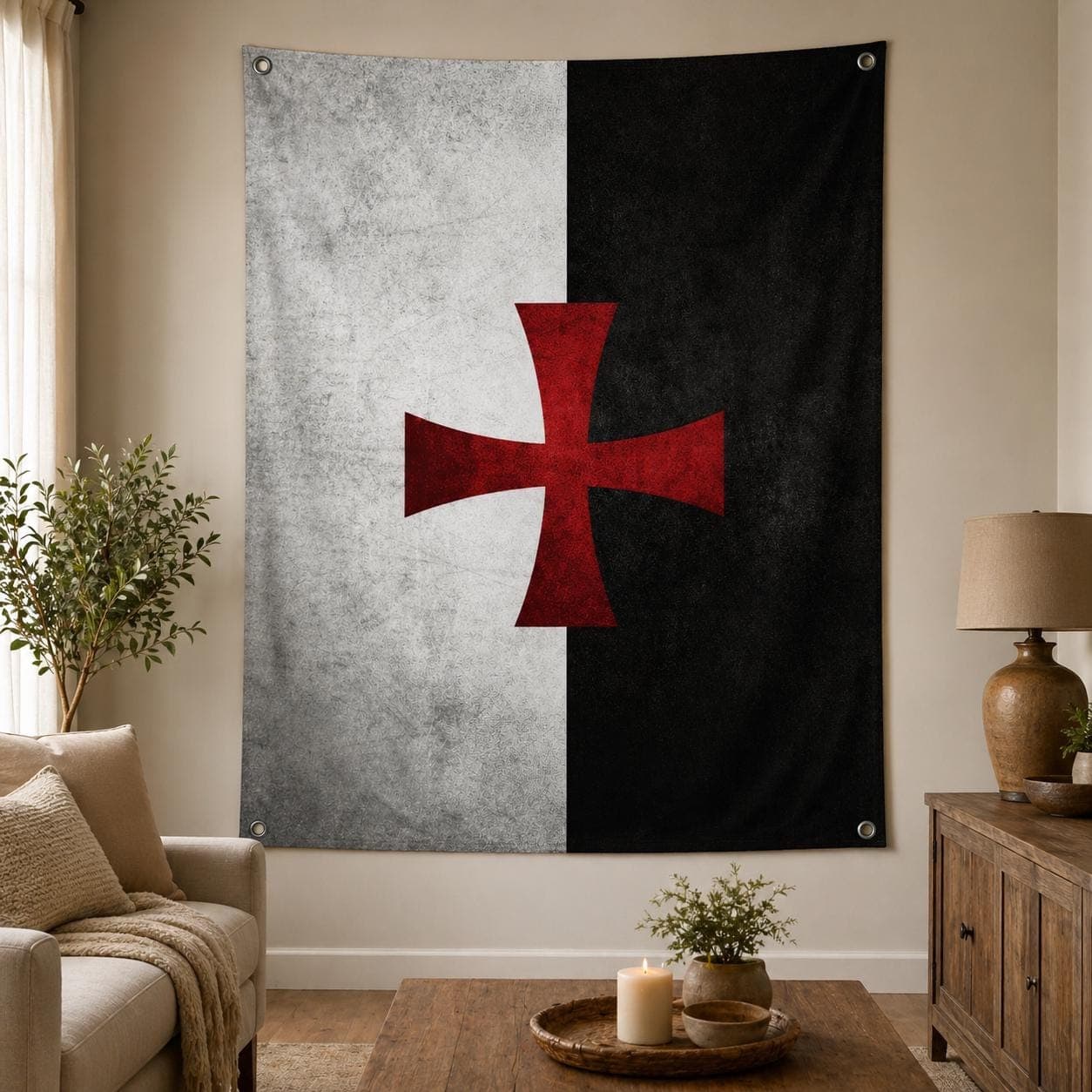 Knights Templar Cross Tapestry, Medieval Crusader Wall Hanging, Grunge Christian Decor, Gothic Red Cross Man Cave Art with Metal Grommets - image 5