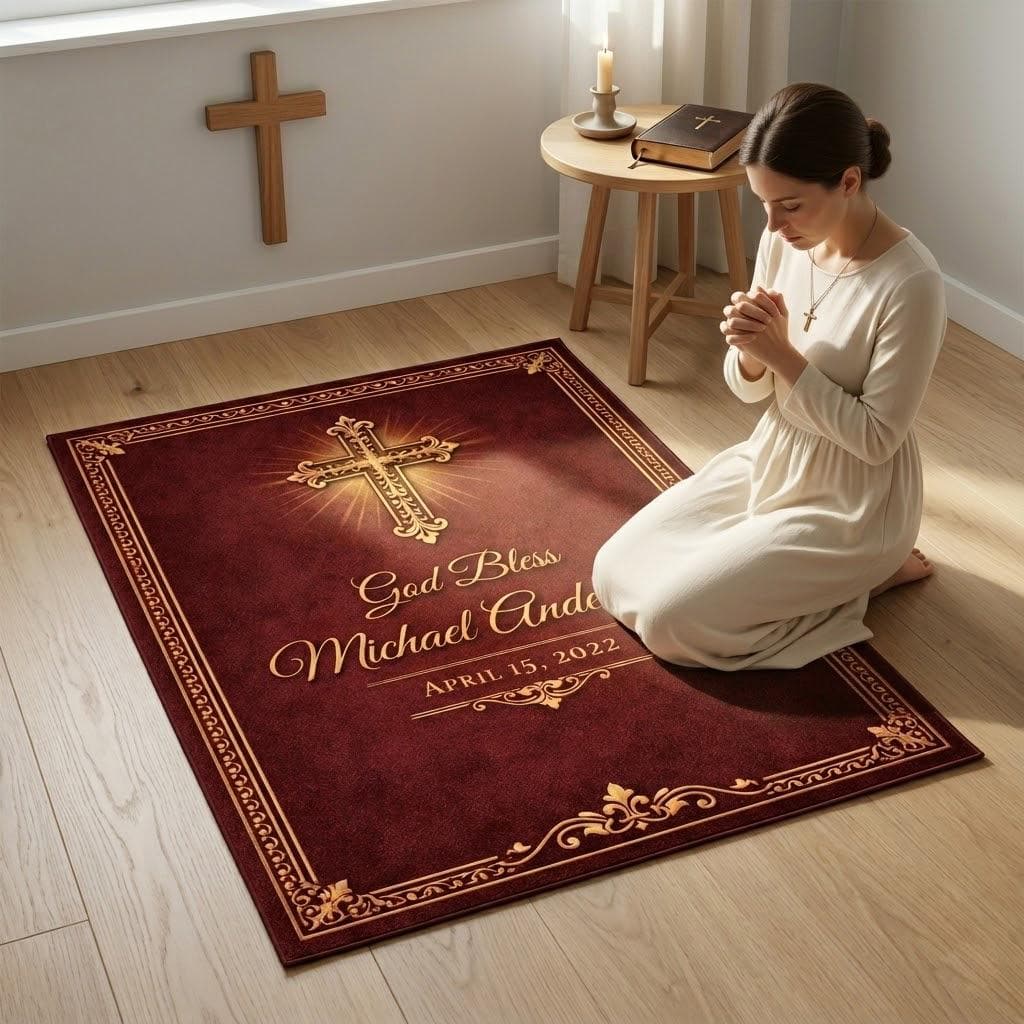 Personalized Christian Prayer Mat, Custom Cross Kneeling Rug, Baptism & First Communion Gift, Prayer Room Decor Keepsake - image 3