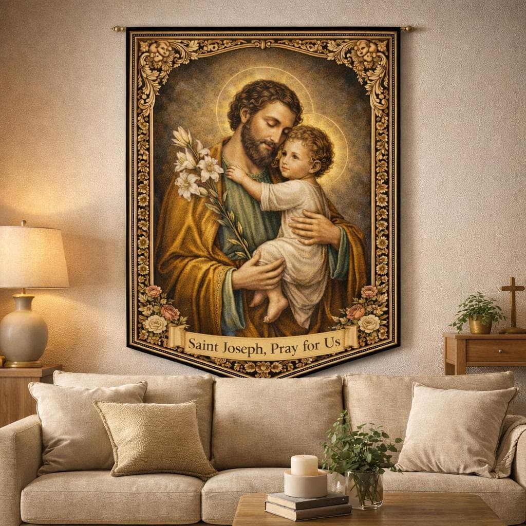 St Joseph Tapestry Catholic Wall Art, Vintage Religious Baptism Gift, Holy Family Nursery Decor, Traditional Christian Home Altar Hanging - image 4