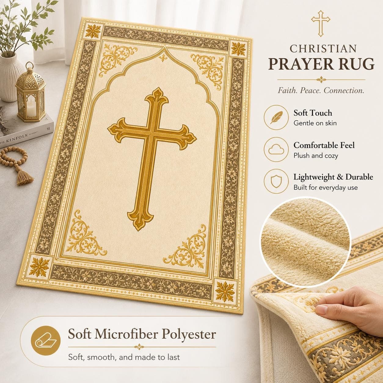 Christian Prayer Mat, Catholic Kneeling Pad, Vintage Gold Cross Rug, Church Altar Decor, Spiritual Baptism Gift, Prayer Room Rug - image 5