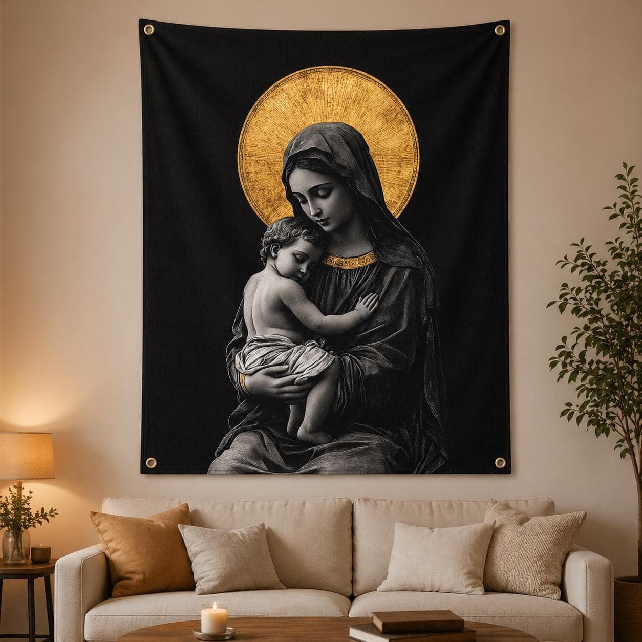 Virgin Mary Tapestry, Catholic Wall Art, Madonna and Child Wall Hanging, Dark Academia Decor, Christian Baptism Gift, Black and Gold Art - image 4