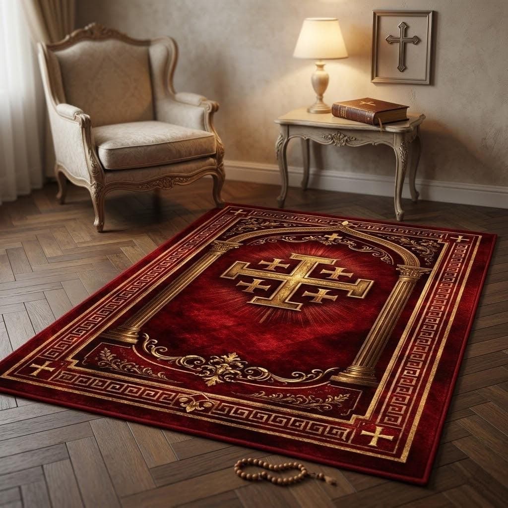Christian Prayer Rug, Jerusalem Cross Kneeling Mat, Catholic Sacred Space Decor, Red Gold Orthodox Carpet & Spiritual Devotional Gift - image 3