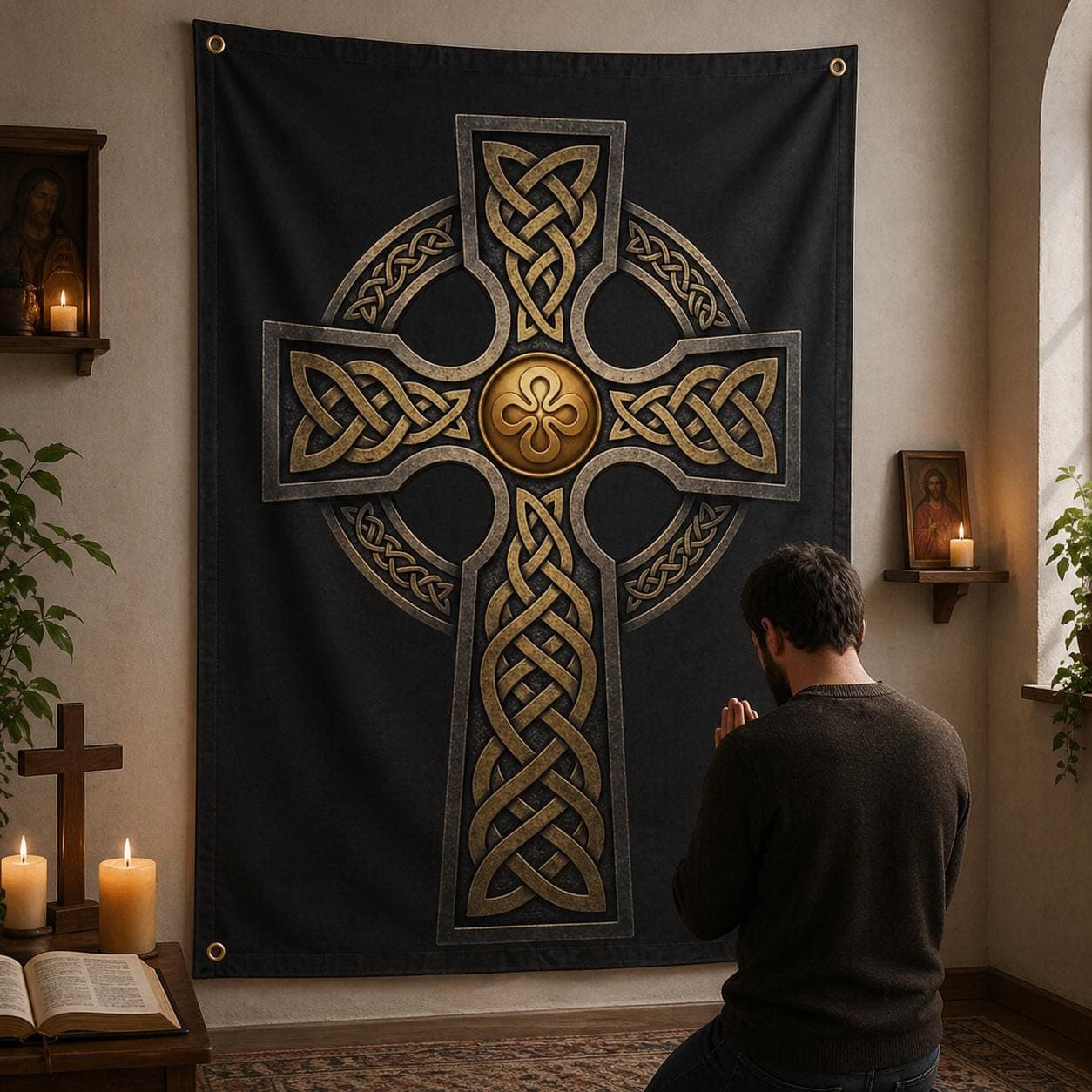 Celtic Cross Wall Hanging Rug, Christian Home Decor Tapestry, Irish Heritage Gift, Gothic Medieval Wall Art, Catholic Prayer Room Decor - image 3