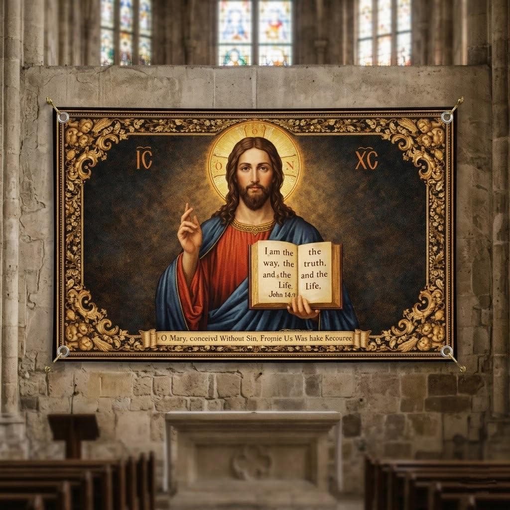Jesus Christ Tapestry, John 14:6 Wall Art, Christian Home Decor, Vintage Catholic Prayer Room Hanging, Religious Gift, Bible Verse Decor