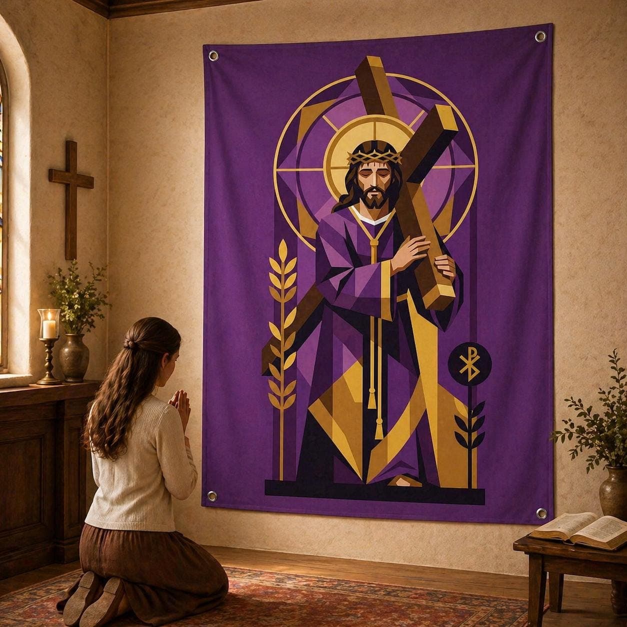 Modern Jesus Tapestry, Geometric Christian Wall Art, Way of the Cross Catholic Decor, Easter Spiritual Gift, Grommet Wall Hanging - image 3