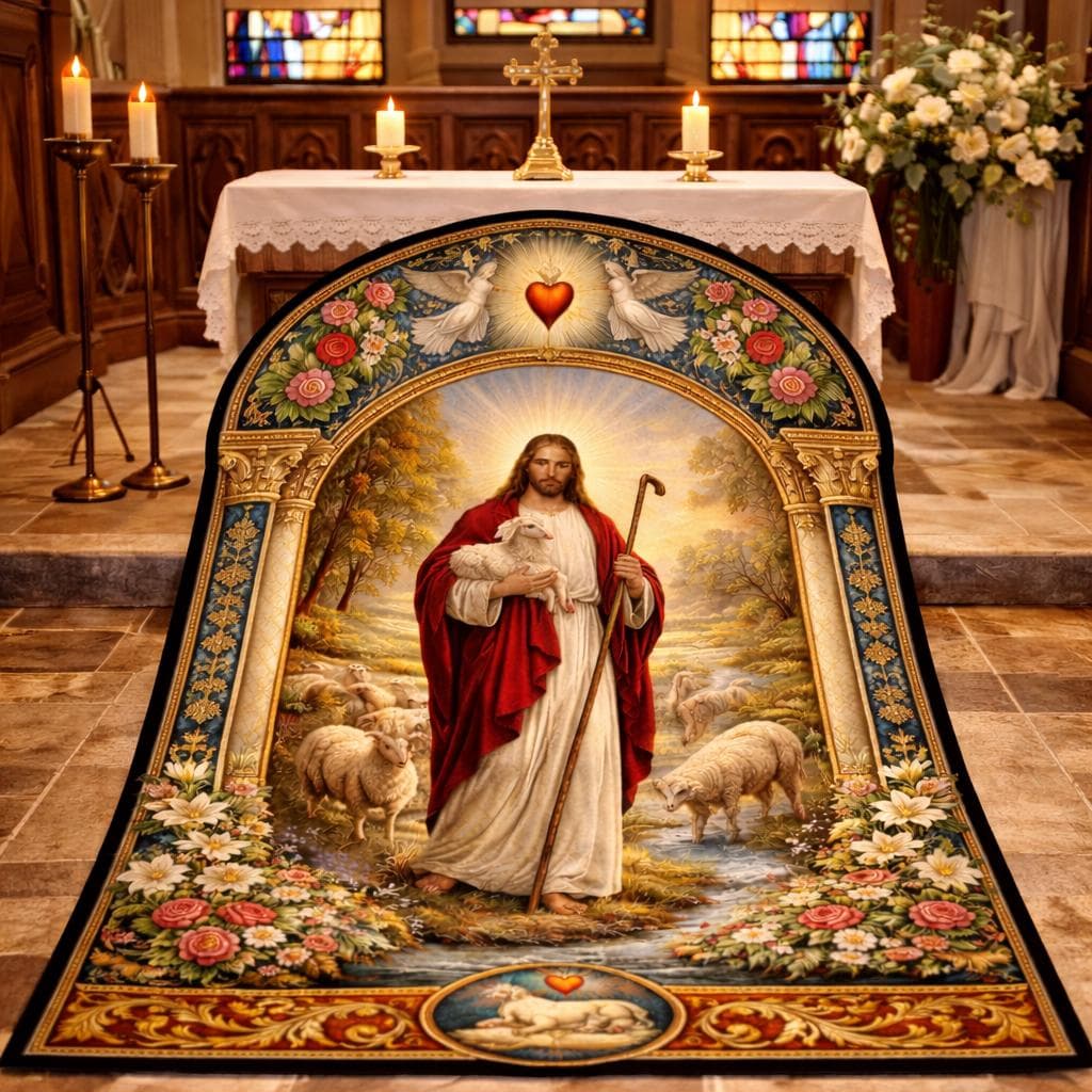 Jesus Good Shepherd Christian Prayer Rug, Catholic Kneeling Mat for Home Altar, Sacred Heart Religious Gift, Vintage Devotional Decor - image 3