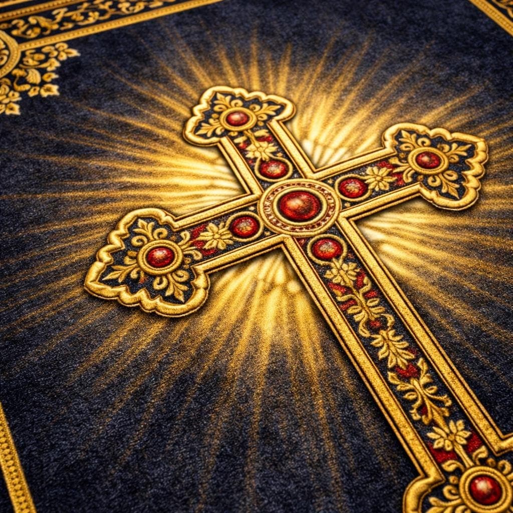 Catholic Prayer Mat with Gold Cross, Christian Kneeling Rug for Devotion, Sacred Space Decor, Religious Baptism Gift, Vintage Altar Carpet - image 5