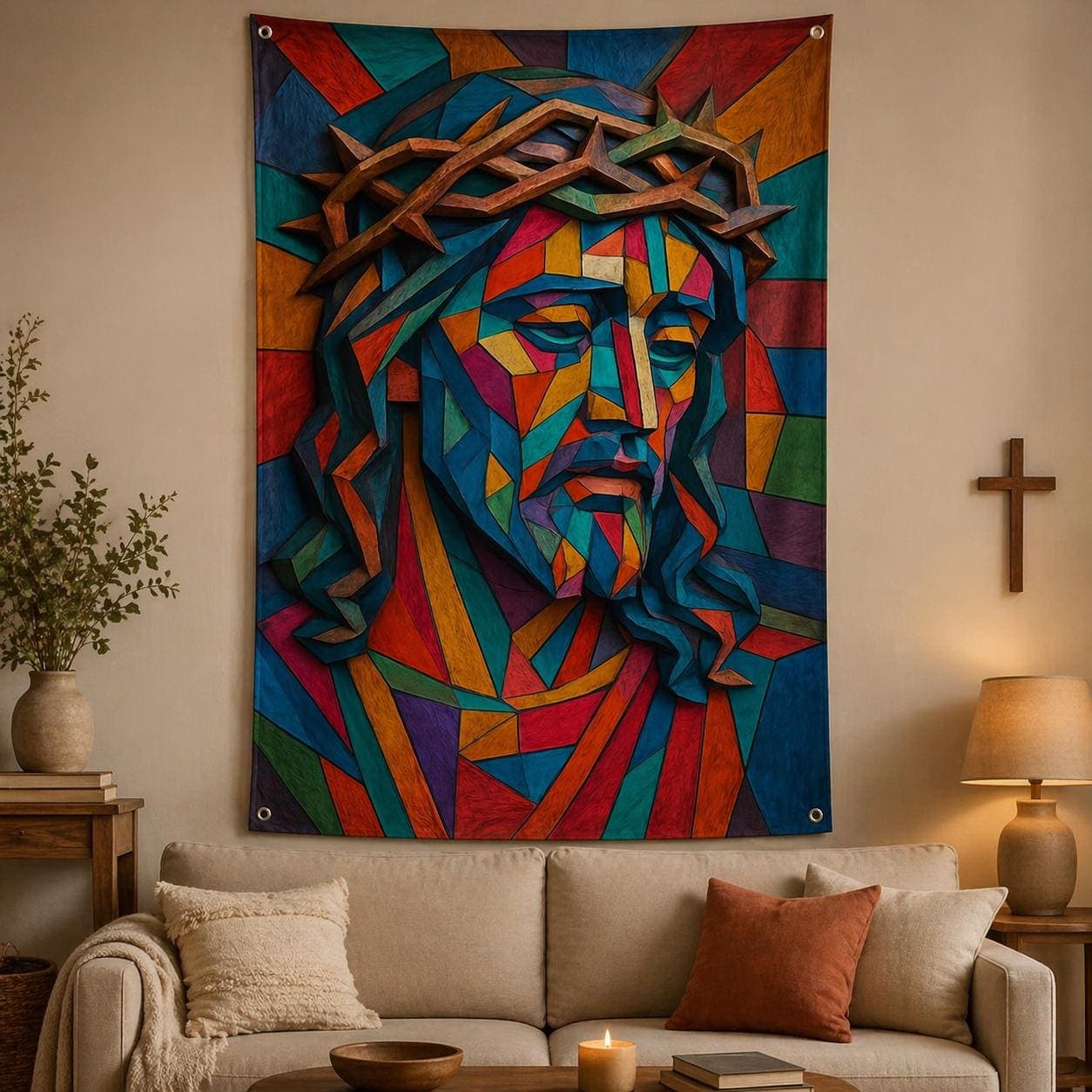 Jesus Christ Wall Hanging Rug, Modern Geometric Christian Home Decor, Stained Glass Style Religious Wall Art,Colorful Catholic Gift Tapestry - image 5