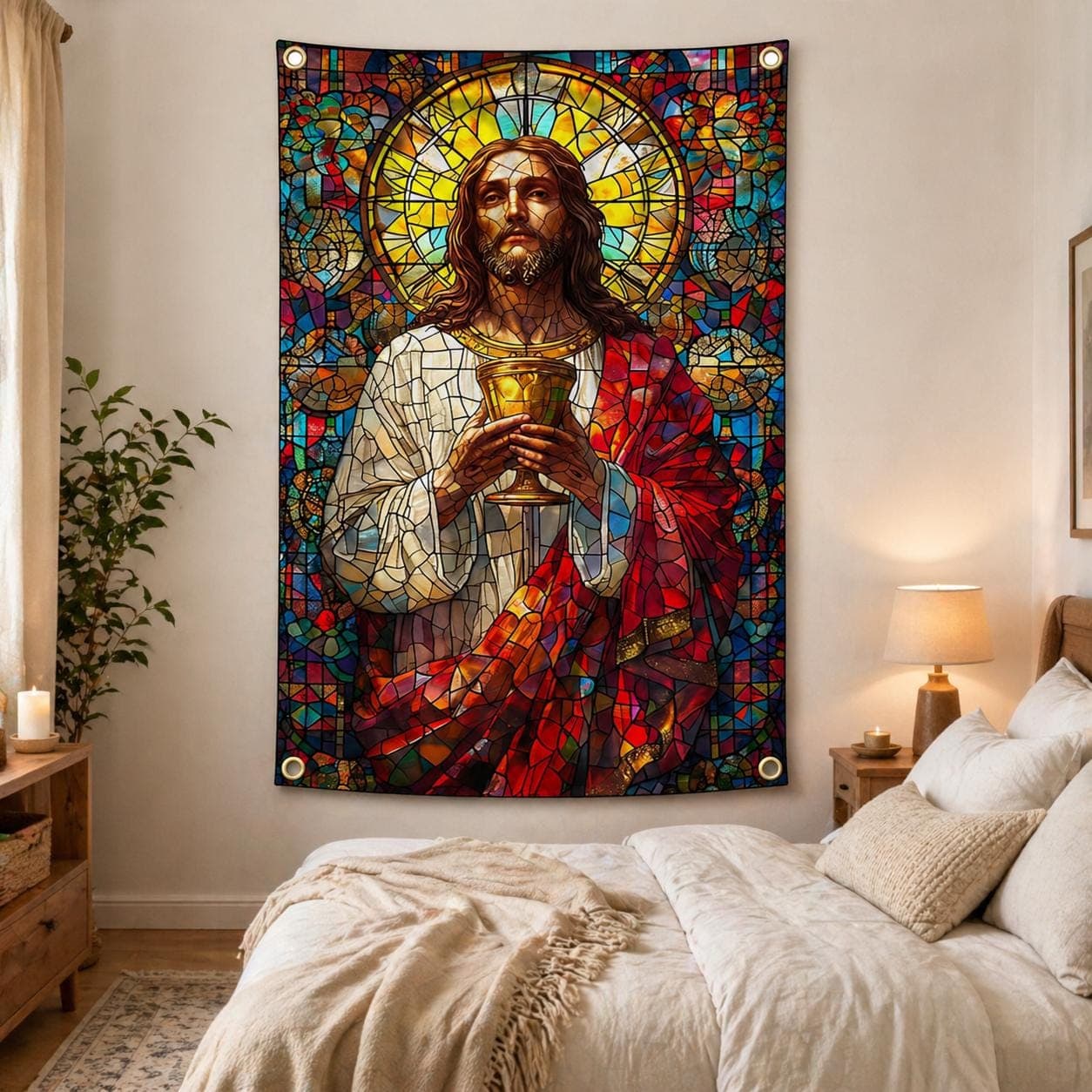 Jesus Christ Stained Glass Tapestry, Christian Wall Art, Catholic Prayer Room Decor, Religious Faux Glass Window Hanging, Spiritual Gift - image 5