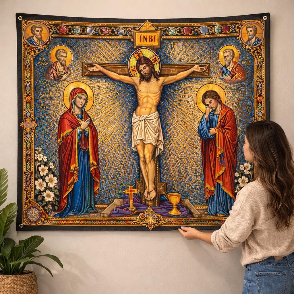 Jesus Crucifixion Tapestry Wall Hanging, Byzantine Mosaic Christian Art, Catholic Home Decor, Stained Glass Cross Decor, Religious Gift - image 5