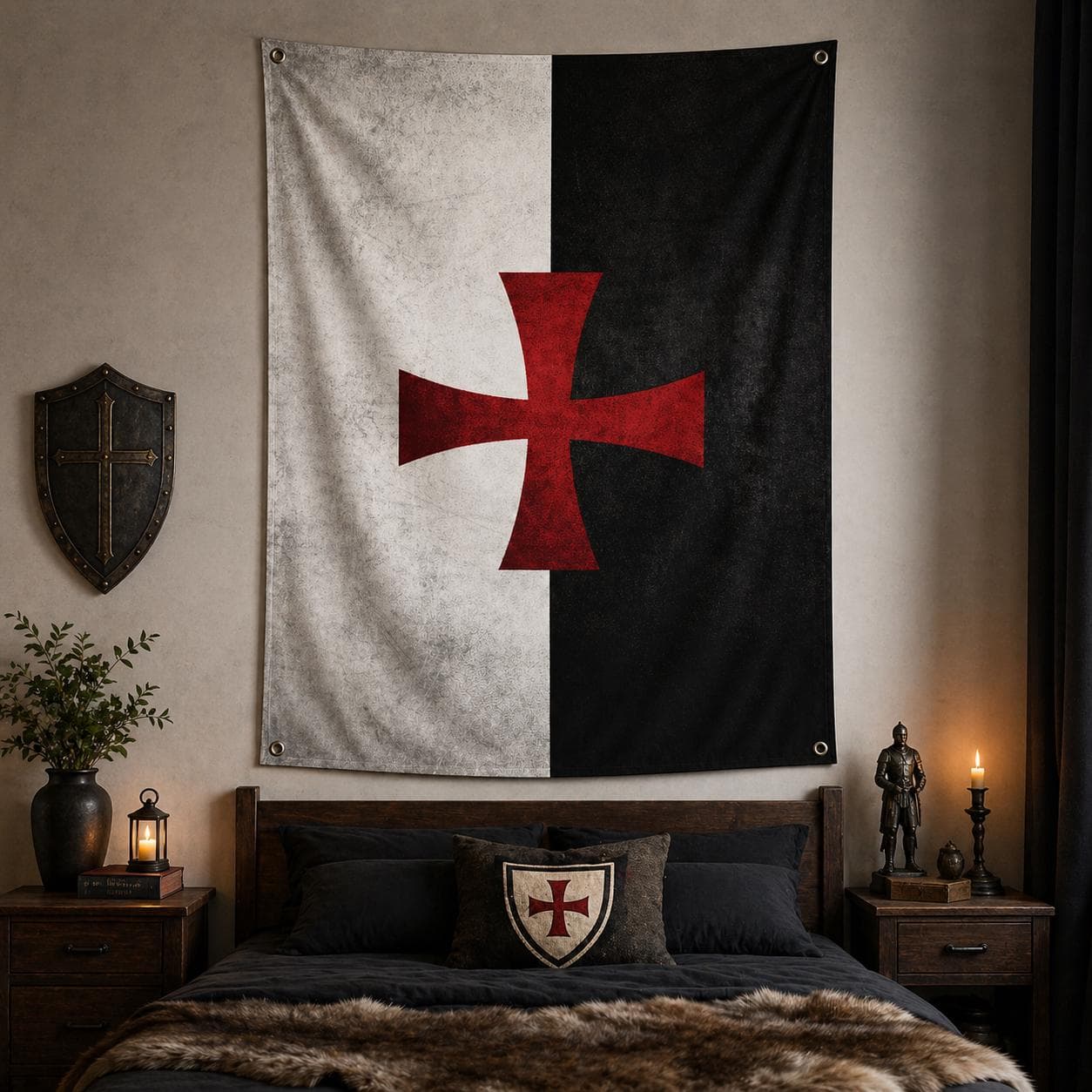Knights Templar Cross Tapestry, Medieval Crusader Wall Hanging, Grunge Christian Decor, Gothic Red Cross Man Cave Art with Metal Grommets - image 4